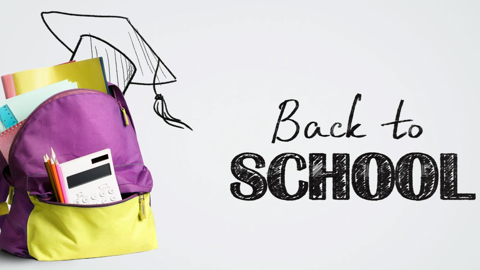 Back pack with pens and notebooks sticking out of the pockets.